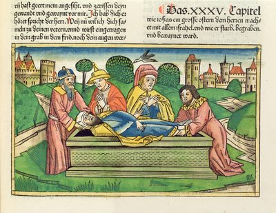 2 Crônicas 35 24 Enterro de Josias, da Bíblia de Nuremberg (Biblia Sacra Germanaica) (xilogravura colorida) de German School