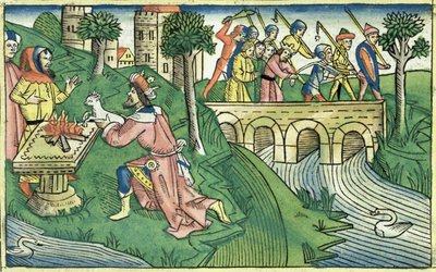 2 Reis 16 9-16 O povo de Damasco é levado cativo, da Bíblia de Nuremberg (Biblia Sacra Germanaica) (xilogravura colorida) de German School