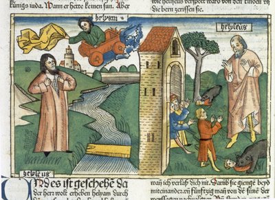 2 Reis 2 1-24 Elias sobe ao céu em um redemoinho e os meninos que zombam de Eliseu são comidos pelos ursos, da Bíblia de Nuremberg (Biblia Sacra Germanaica) (xilogravura colorida) de German School