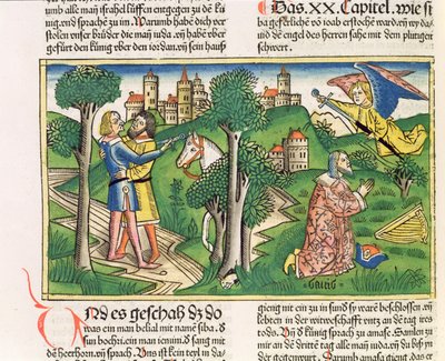 2 Samuel 20 10 Joab mata Amasa, da "Bíblia de Nuremberga (Biblia Sacra Germanaica)" (xilogravura colorida) de German School