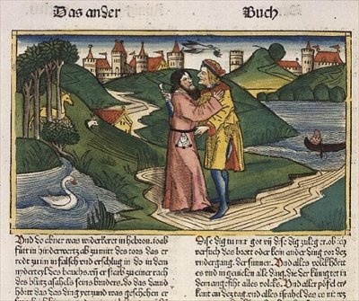 2 Samuel 3:27 Joabe mata Abner, da "Bíblia de Nurembergue (Biblia Sacra Germanaica)" (xilogravura colorida) de German School