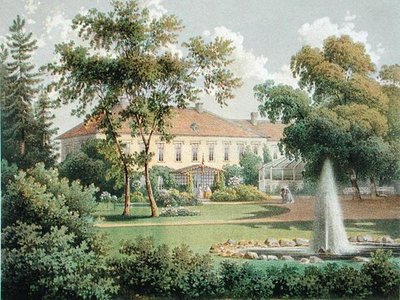 Um jardim alemão, de "Die Landlichen Wohnsitze, Schlosser und Residenzen de Ritterschaftlichen Grundbesitzer in der Preussichen Monarchie", publicado c.1852-63 (cor litho) de German School