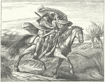 Um cavaleiro alemão carregando Valdemar II da Dinamarca para a segurança após sua derrota na Batalha de Bornhoved de German School