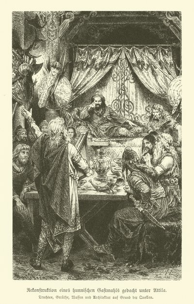 Um banquete de Huno da época de Átila (gravura) de German School