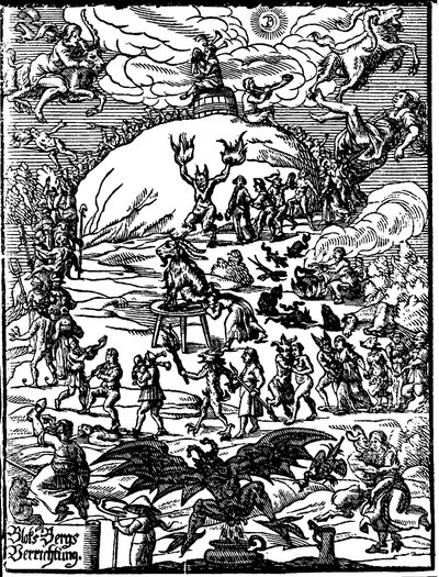 Uma cerimônia de sábado, um bode representando o diabo está no centro, cercado por bruxas e demônios. Gravura alemã do século XVI de German School