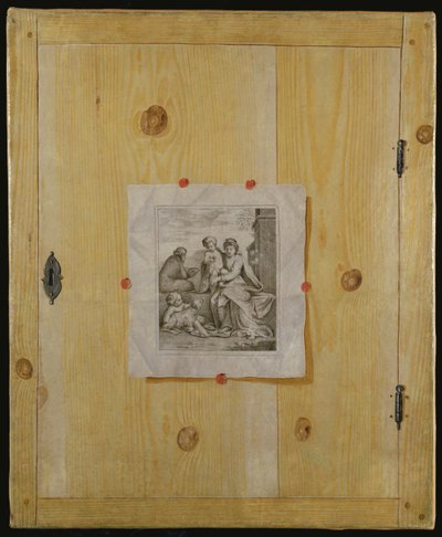 Um trompe lOeil de uma porta de armário com uma gravura de German School