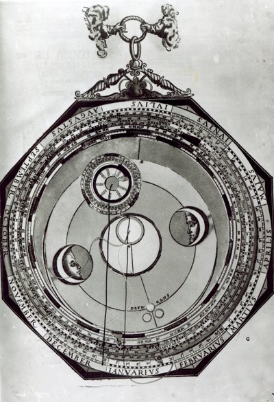 Um Volvelle, possivelmente mostrando os ciclos da Lua, após uma ilustração de Astronomicon Caesareum por Petrus Apianus, 1540 de German School