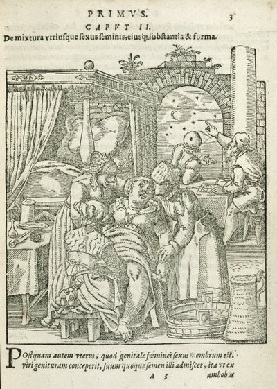 Uma mulher no trabalho, ilustração do capítulo 2, livro 1 de na concepção e crescimento do homem por Rueff, 1587 de German School