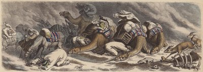 Uma caravana apanhada numa tempestade de areia no Saara (gravura colorida) de German School