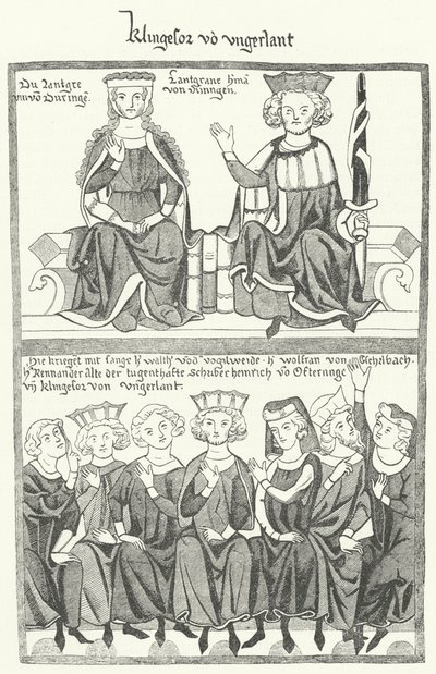 Uma representação do Sangerkrieg, um concurso entre trovadores no castelo de Wartburg, na Turíngia, em 1207, do Codex Manesse (gravura) de German School