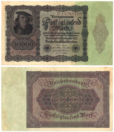 Uma nota de cinquenta mil marcos, 1922 (recto e verso) de German School