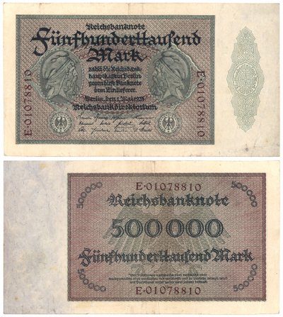 Uma nota de quinhentos mil marcos, 1923 (recto e verso) de German School