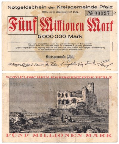 Uma nota de cinco milhões, c.1923 (recto e verso) de German School