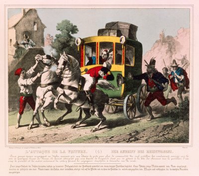 Um casal em lua-de-mel é atacado por salteadores de estrada na Itália, um panfleto panorâmico publicado por Gangel & P. Didion, Metz, c.1850 de German School