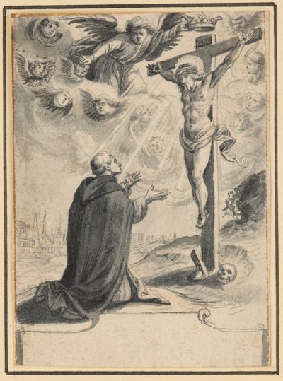 Um frade de joelhos perante uma visão de Cristo na cruz de German School