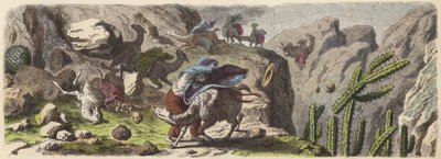 Uma caravana de lhama transportando minério capturado em uma tempestade nos Andes (gravura colorida) de German School