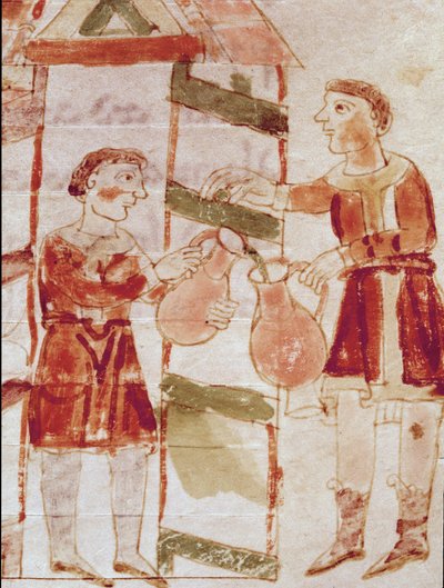 Um mini-comerciante de vinhos tirado do volume "De tabernae", manuscrito "De Universo" (ou De rerum naturis (Da Natureza das Coisas)) (cod. 132) por Rabanus Maurus Magnentius (ou Raban Maur ou Rabano Mauro) (ca. 780-856). Século IX. Arquivo do Mont de German School