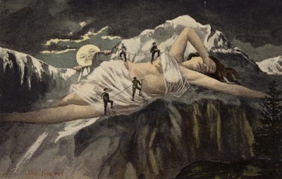 Uma mulher nua na encosta de uma montanha a ser escalada por alpinistas enquanto a lua olha (colagem) de German School