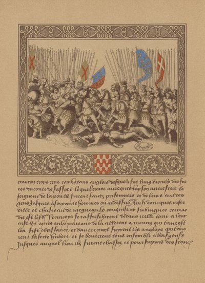 Uma página de um manuscrito francês do século XVI retratando uma cena de Crônicas de Froissarts de German School