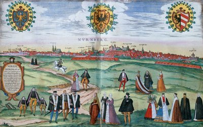 Uma vista panorâmica de Nuremberg, com figuras em trajes locais em primeiro plano, c.1575 de German School