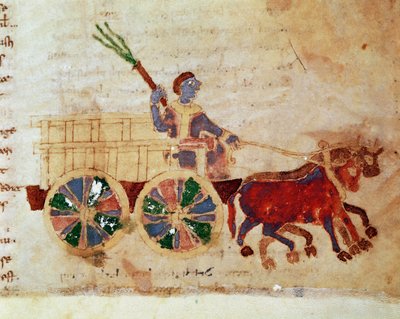Um camponês em um carrinho miniatura do manuscrito "De Universo" (ou De rerum naturis (Da Natureza das Coisas)) (cod. 132) por Rabanus Maurus Magnentius (ou Raban Maur ou Rabano Mauro) (ca. 780-856). Século IX. Arquivo da Abadia de Monte Cassino (Monte Cas de German School