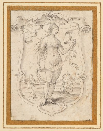 Um escudo rolado com a imagem de uma mulher nua de pé numa paisagem, com um banderole acima, talvez uma alegoria de Orgulho de German School