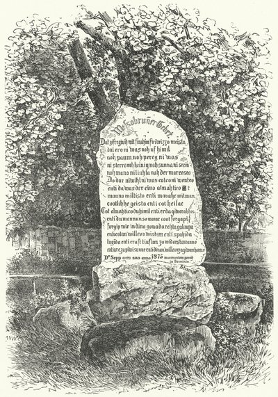 Uma pastilha de pedra mostrando A Oração de Wessobrunn (gravura) de German School
