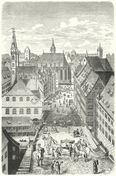Uma rua em Nuremberga no século XV (gravura) de German School