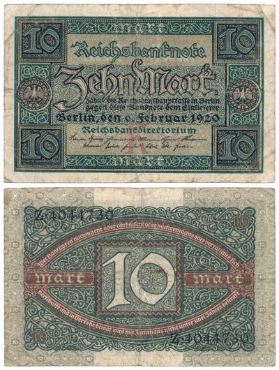 Uma nota de dez marcos, 1920 (recto e verso) de German School