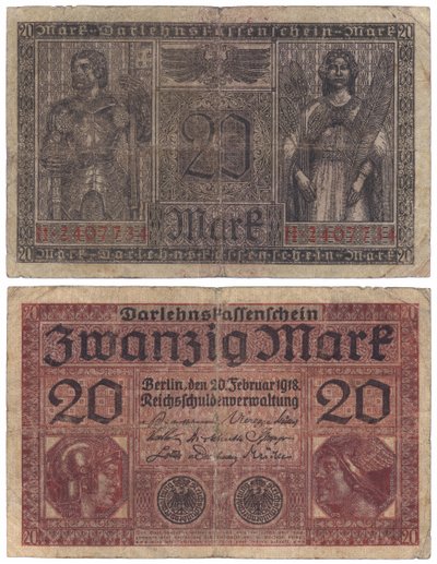 Uma nota de vinte marcos, 1918 (recto e verso) de German School