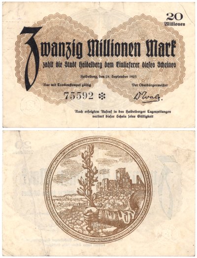 Uma nota de vinte milhões de notas, 1923 (recto e verso) de German School