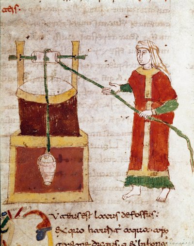 Uma mulher retirando água do poço miniatura do volume "De puteis" do manuscrito "De Universo" (ou De rerum naturis (De la Nature des choses)) (cod. 132) por Rabanus Maurus Magnentius (ou Raban Maur ou Rabano Mauro) (ca. 780-856). 9º cen de German School