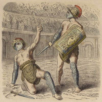 Um gladiador romano ferido implorando à multidão pela sua vida (gravura colorida) de German School