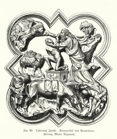 Abraão oferece o seu filho Isaac para sacrifício, relevo em bronze de Filippo Brunelleschi (gravura) de German School