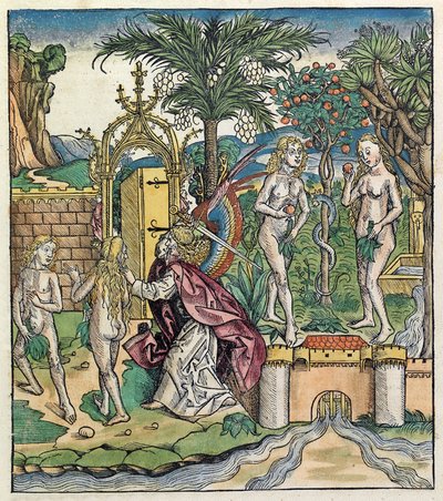 Adão e Eva sendo banidos do Éden, publicado no Nuremberg Chronicle, 1493 de German School