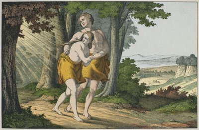 Adão e Eva expulso do paraíso, ilustração de LAncien Testament, publicado por Jakob Ferdinand Schreiber, Esslingen (gravura a cores) de German School