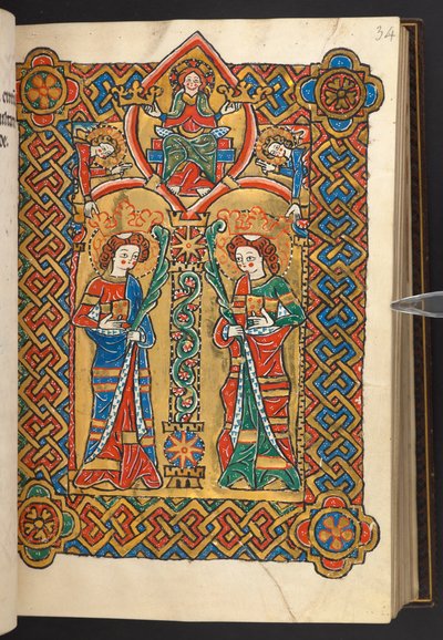 Acrescentar. 60629, f.34 Cristo e os anjos coroam dois santos monásticos (vellum) de German School