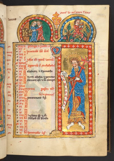 Adicionar. 60629, f.3 de maio, de 12 páginas de calendário em ouro e cores, com molduras arquitetônicas contendo cada um um signo do Zodíaco, um apóstolo e um trabalho do mês (velino) de German School