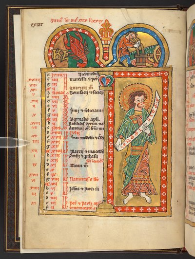 Adicionar. 60629, f.3v junho, de 12 páginas de calendário em ouro e cores, com molduras arquitetônicas contendo cada um um signo do Zodíaco, um apóstolo e um trabalho do mês (velino) de German School