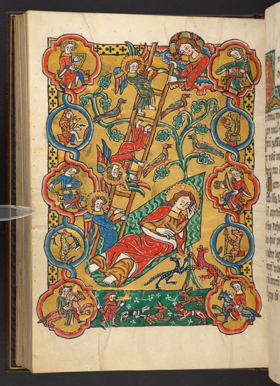 Adicionar. 60629, f.87v Escada de Jacó, com árvore da vida e músicos, animais, homem aquecendo os pés e cena de caça (velino) de German School
