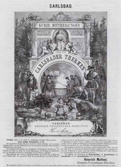 Anúncio para água mineral Mattoni e outros produtos do spa em Carlsbad (Karlovy Vary), Bohemia (gravura) de German School