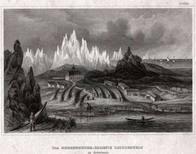 Akunnat, Gronelândia. (gravura, ca. 1850) de German School