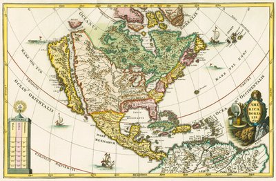 América boreal. Mapa da América do Norte mostrando a Califórnia como uma ilha, da obra Geographia hierarchica de Heinrich Scherer de German School