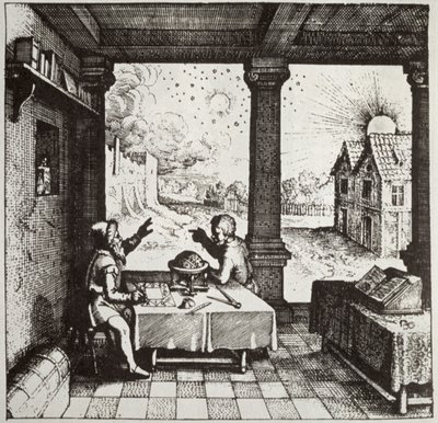 Um astrólogo lançando um horóscopo, cópia de uma ilustração de Utriusque Cosmi Historia de Robert Fludd, Oppenheim 1617, usada em uma História da Magia, publicada no final do século XIX de German School