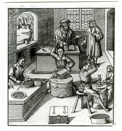 Uma casa da moeda europeia do início do século XVI, de Der Weisskunig (gravura) de German School