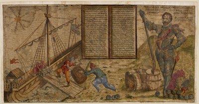 Um cartaz ilustrado que celebra a campanha de Francis Drake contra os espanhóis, ilustração de "Hier steh ich Drach in Engelandt" (caneta e tinta com lavagem sobre papel) de German School