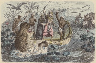 Antigo faraó egípcio em uma caça ao hipopótamo (gravura colorida) de German School