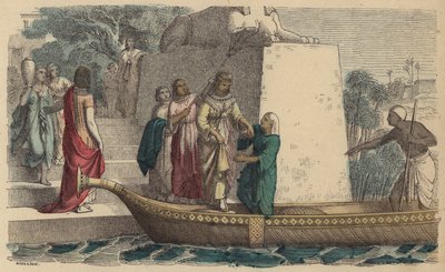 Anciã egípcia de alta patente a fazer um passeio de barco (gravura colorida) de German School