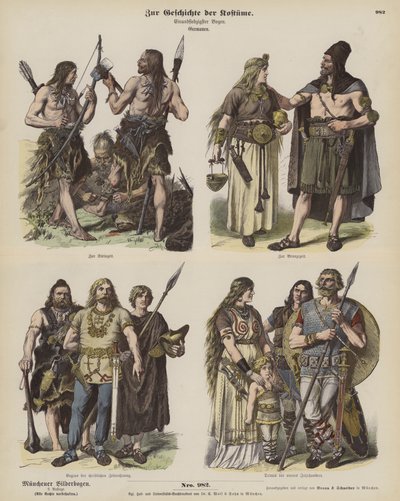 Antigos trajes germânicos (gravura colorida) de German School