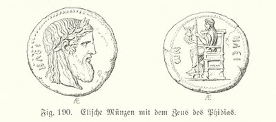 Moedas gregas antigas de Elis com imagens do Zeus de Phidias (gravura) de German School